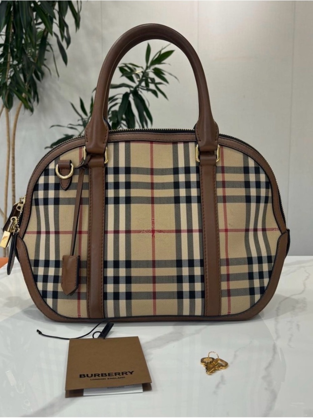 Burberry Brown Leather Trim Vintage Check Dome Satchel